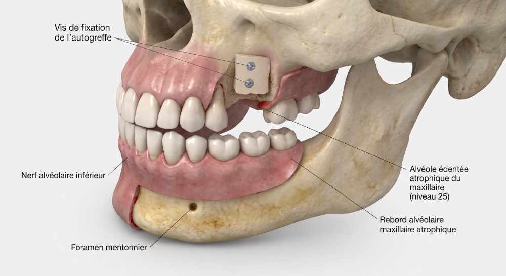 Autologous bone block graft fixed to the atrophic maxillary ridge with two titanium screws, showing the inferior alveolar nerve and mental foramen